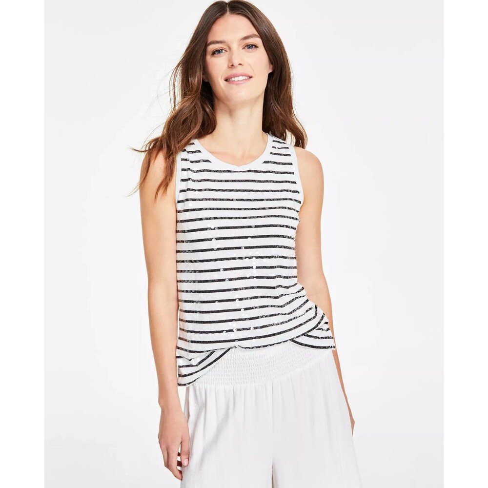 Vince Camuto Women's Crewneck Sequined Striped Tank Top Black & white Size L